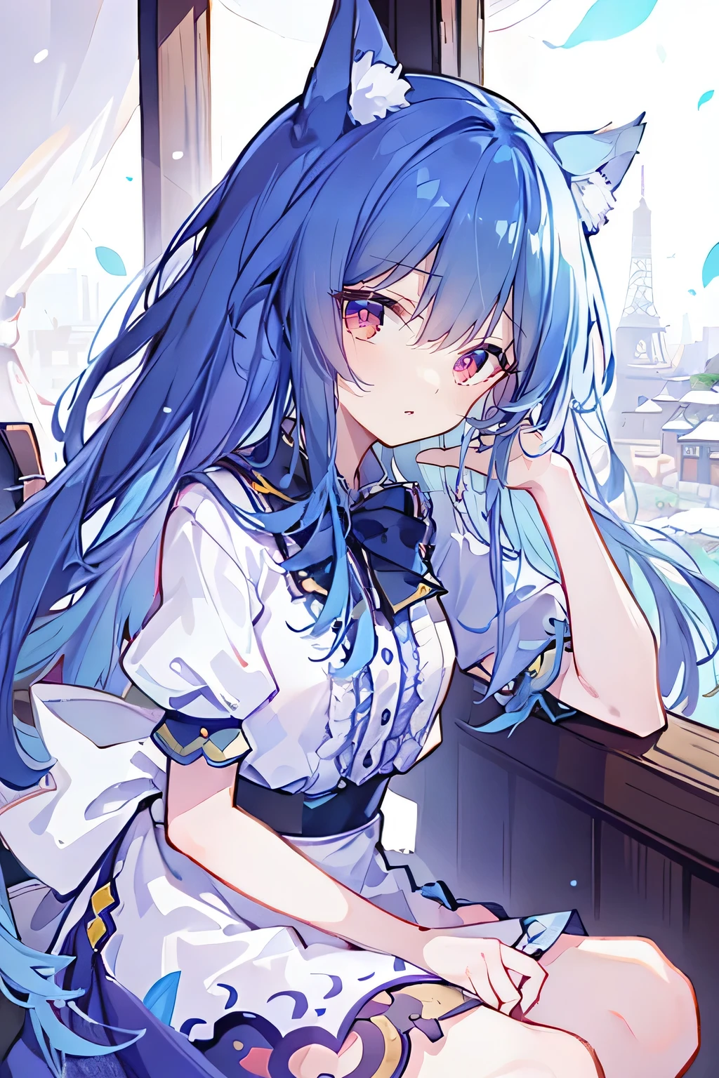 (Masterpiece:1.2),Ultra-detailed,lifelike,The eyes are expressive,Fair skin,Perfect face shape,1 girl,Japanese Manga,Gorgeous blue hair,Flowing blue hair,Flowing clothes,Cat ears,Petals falling,Smile,Tokyo background,background,heavy snow,winter.Highest quality,perfect face,sitting on window sill drinking coffee and looking out the window.