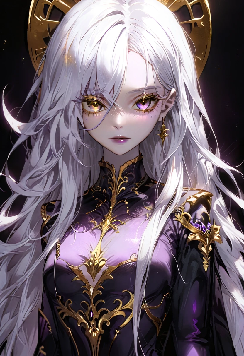 Beautiful woman with long white hair and light purple skin, completely dark room, revealing outfit, perfect anatomy, long white hair, golden eyes