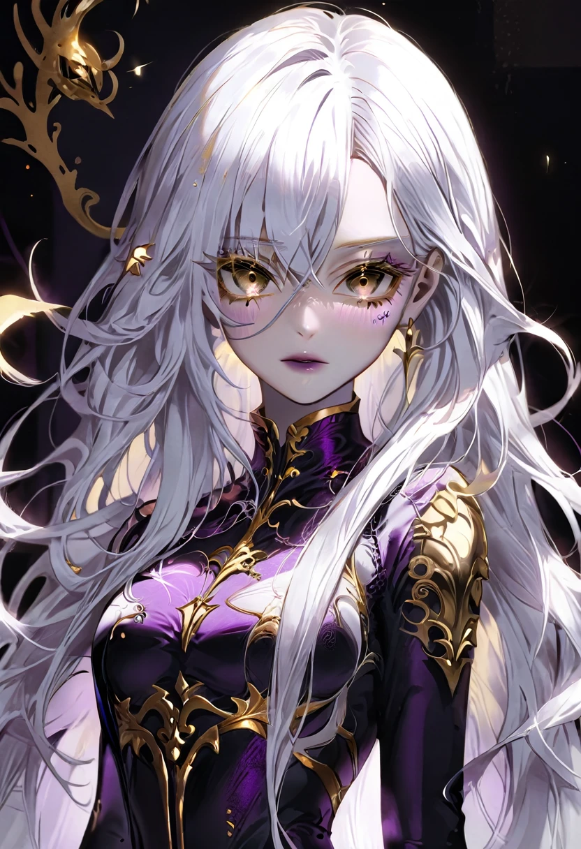 Beautiful woman with long white hair and light purple skin, completely dark room, revealing outfit, perfect anatomy, long white hair, golden eyes