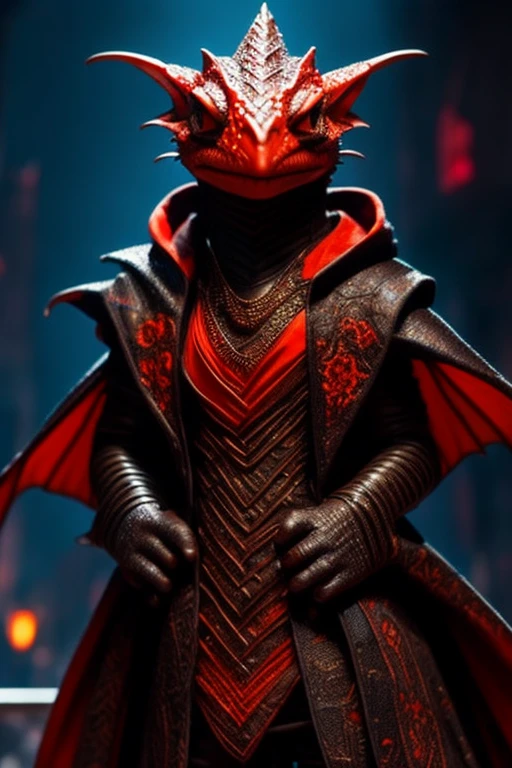 kobold with red and orange reticulated scales dressed in a black coat in a fantasy city