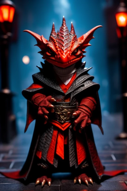 kobold with red and orange reticulated scales dressed in a black coat in a fantasy city