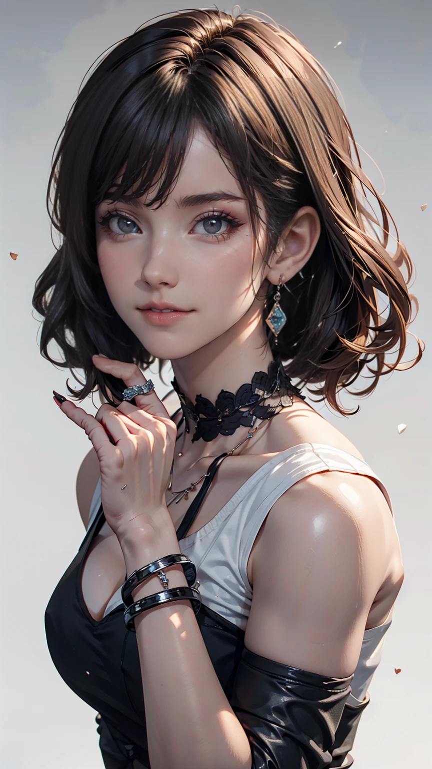 Piriyon, alone, One girl, 黒いnail, jewelry, short hair, View your viewers, choker, necklace, put your hand on your face, Earrings, White Background, heart, Mouth closed, Grey Eyes, Manicure, Simple Background, Grey Hair, ear Earrings, black choker, smile, eyelash, lips, Put your hand on your cheek, bangs, bracelet, beads, gem, Earrings, nail、hard rock fashion