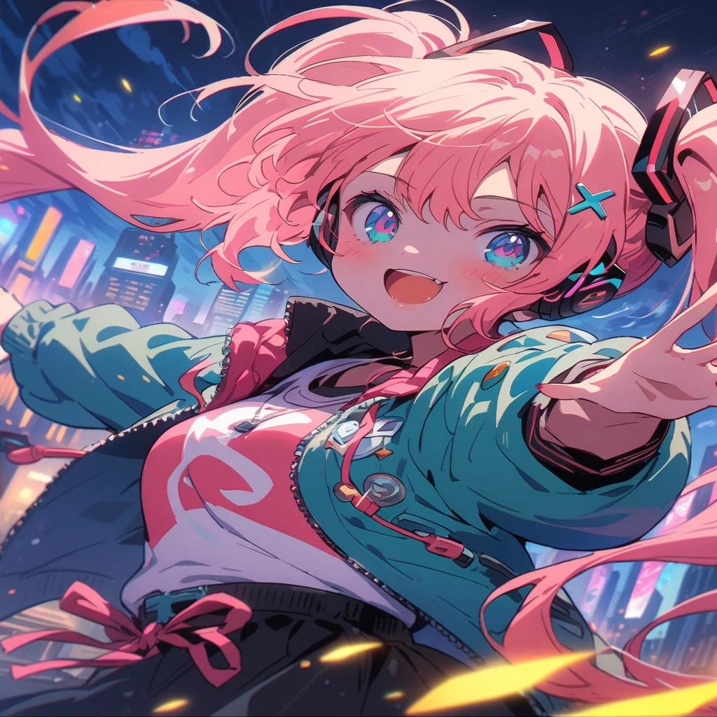 (Highest quality,4K,8k,High resolution,masterpiece:1.2),Very detailed,Vibrant colors,Beautiful details,Beautiful lip detail,Cute girl with long turquoise twin tails,stylized cel shading,Dynamic pose,Neon cityscape background,Singing on the rooftop,Anime-style artwork,Happy and cheerful expression,Lens flare,The city lights in her eyes,hatsune miku