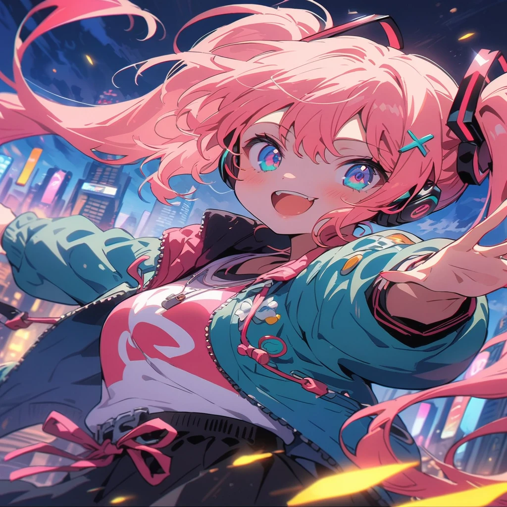 (Highest quality,4K,8k,High resolution,masterpiece:1.2),Very detailed,Vibrant colors,Beautiful details,Beautiful lip detail,Cute girl with long turquoise twin tails,stylized cel shading,Dynamic pose,Neon cityscape background,Singing on the rooftop,Anime-style artwork,Happy and cheerful expression,Lens flare,The city lights in her eyes,hatsune miku
