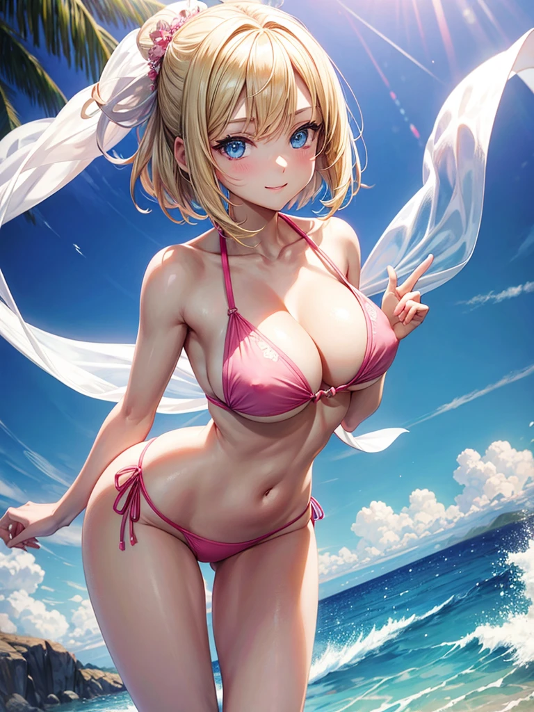 Anime style, super fine illustration, highly detailed, beautiful detailed, pale tone image, gentle expression, pretty 1girl with blonde straight short hair & blue eyes & a bright smile & super huge breasts like watermelons & pink nipples & soft fair skin is wearing a light blue bikini on the romantic beach, brilliant particles of ligfts, Magic hour, romantic stories, solo, perfect fingers, perfect arms, perfect legs, masterpiece.