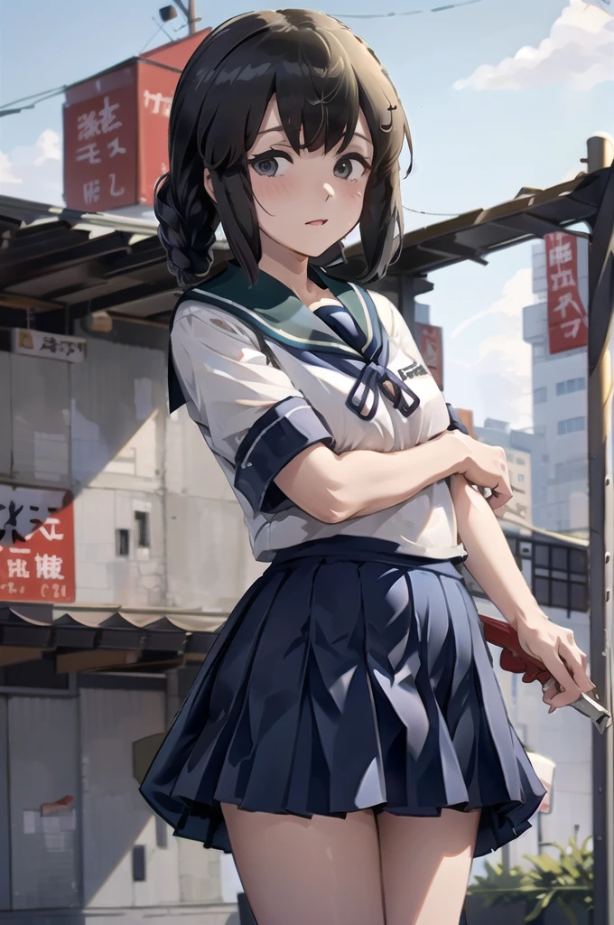 Isonami KC, Isonami Uniform, One girl, Solo White Seravuk, , Short sleeve, skirt, blue skirt, Twin Blade, Blue sailor collar, View your viewers, port, port