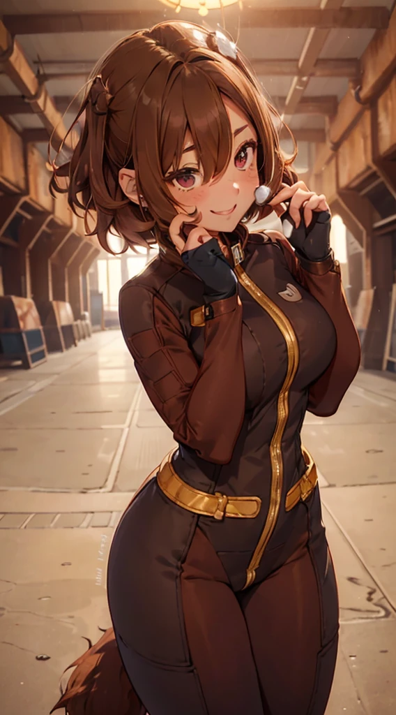 Uraraka Ochako, female, ((, snout, hair covering eyes, straight hair, medium hair, flat hair, ears, thin snout)), brown fur, big poofy tail, raised tail, dark maroon hair, (big breasts), solo, smiling, (((vault suit, vault jumpsuit))), skintight bodysuit, fallout, number 11 on back