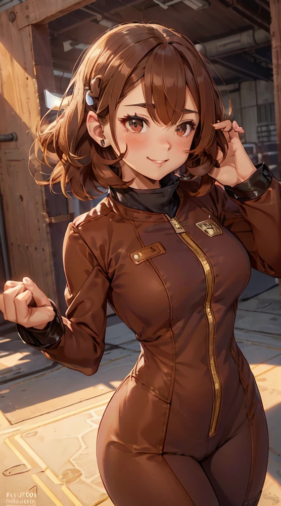 Uraraka Ochako, female, ((, snout, hair covering eyes, straight hair, medium hair, flat hair, ears, thin snout)), brown fur, big poofy tail, raised tail, dark maroon hair, (big breasts), solo, smiling, (((vault suit, vault jumpsuit))), skintight bodysuit, fallout, number 11 on back