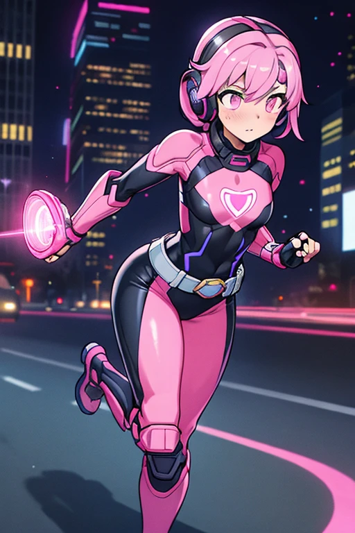 ((best quality)), ((masterpiece)), (detailed), 1 girl, full body, 20s, young adult, masked, black mask covering her entire head, smooth head, biker helmet, biker helmet with blue headphones on the sides, flashlight on her forehead, short pink hair coming out of her helmet, face, black collar, tall, slim, athletic, circles on her wrists, pink details, black fingerless gloves, pink wristbands, nanotech speedster suit that resembles light armor, blue chest with an emblem, blue chest, black suit with pink lines, pink speed emblem on her chest, pink emblem, blue pants, gray knee pads, metallic pink boots, white superhero belt, running through the city, pink light trail, laser, city background, anime