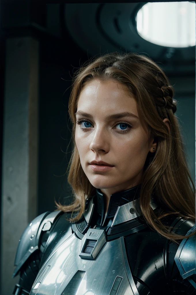 Standing and making a speech at the United Nations, a woman 30 years old white woman she has wavy hair, she has red and blond hair, blue eyes, slim face and nose, slim, wearing a futurist long royal dress, mix of armor and dress, intense gazing eyes, as a conceptual droid, neo-futuristic, abstract, ultra-resolution, intricately detailed, medium shot, low angle, 8k by Helmut Newton