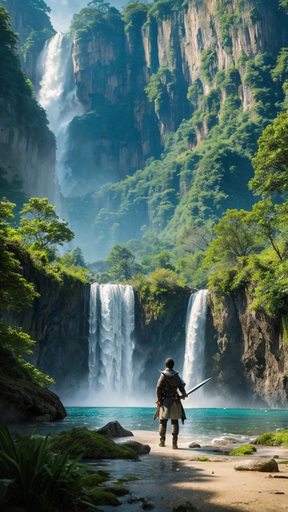 juvenile、Holding a sword、Facing forward、Grim expression、RPG World、Vast Nature、Magnificent Valley、Huge waterfall、adventure、Excitement、realistic vision