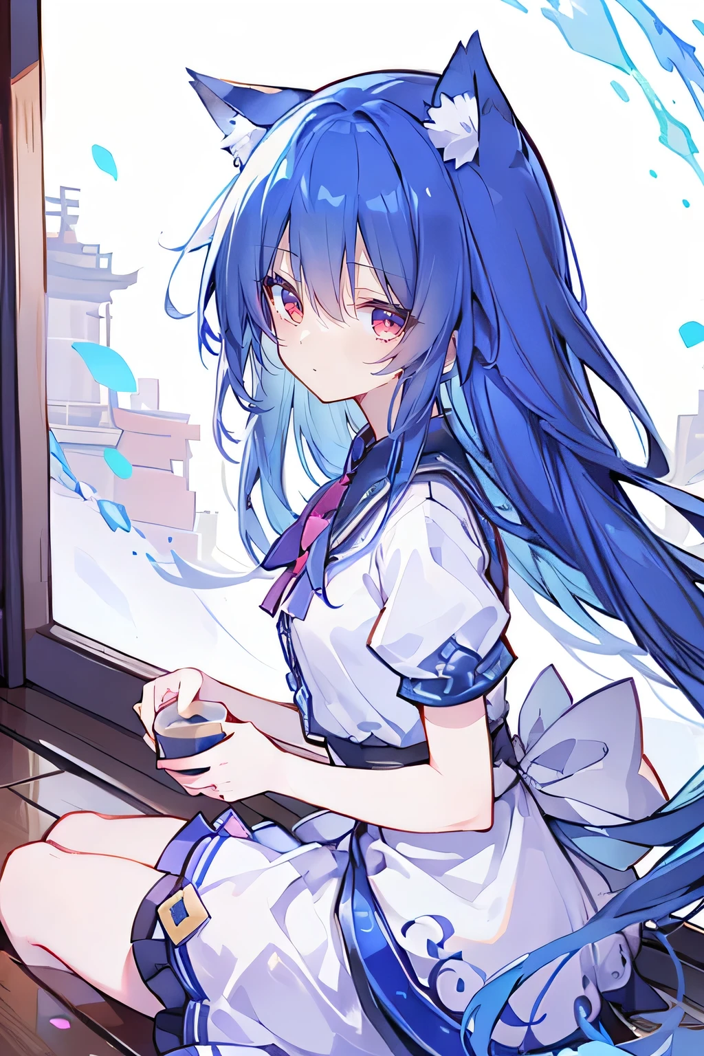 (Masterpiece:1.2)，Ultra-detailed，lifelike，The eyes are expressive，Fair skin，Perfect face shape，1 girl，Japanese Manga，Gorgeous blue hair，Flowing blue hair，Flowing clothes，Cat ears，Petals falling，Smile，Tokyo background，background，heavy snow，winter.Highest quality，perfect face，sitting on window sill drinking coffee and looking out the window.