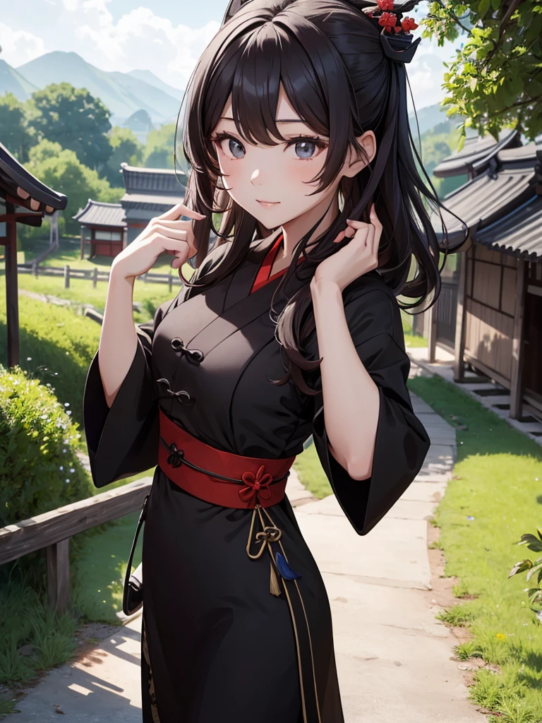 (Hu tao), 1girl, wearing a lonj black colour Japanese kikono, at a village, 8k, high detailed, high quality