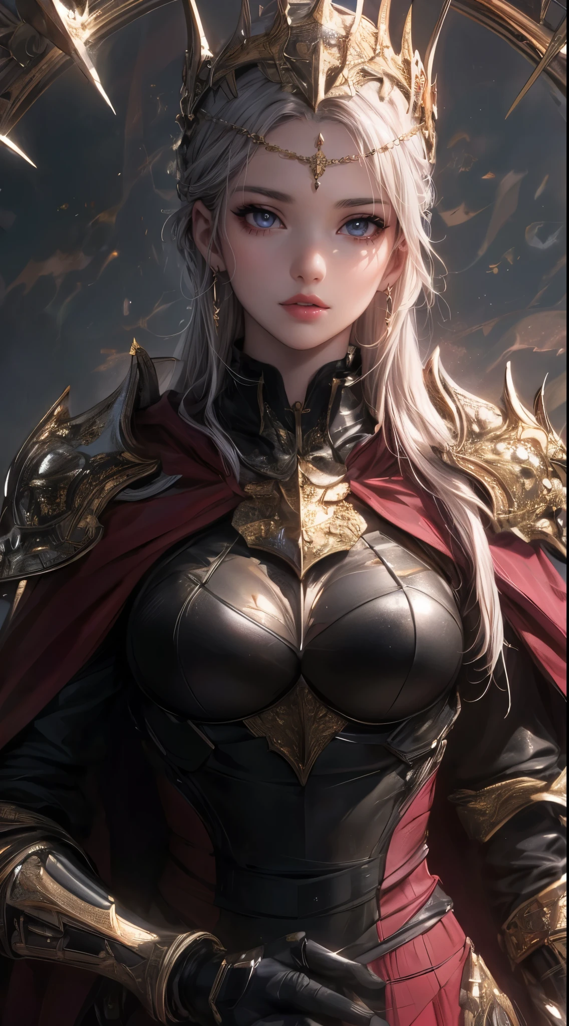 (best quality, photorealistic, ultra-detailed), beautiful woman, dark knight of the eastern empire, charismatic, powerful, fantasy, comic, manga, anime, perfect body proportions with generous curves