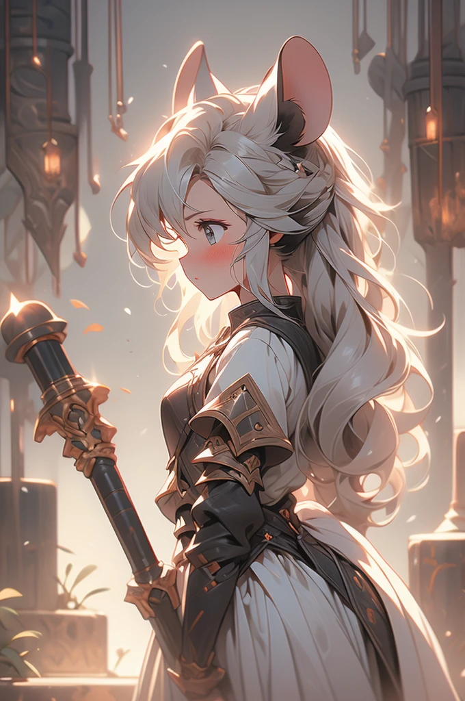 tiny woman, shy, blushing, leather armor, small, tiny , mouse tail, mouse ears, looking down, long gray hair, knight, giant hammer
