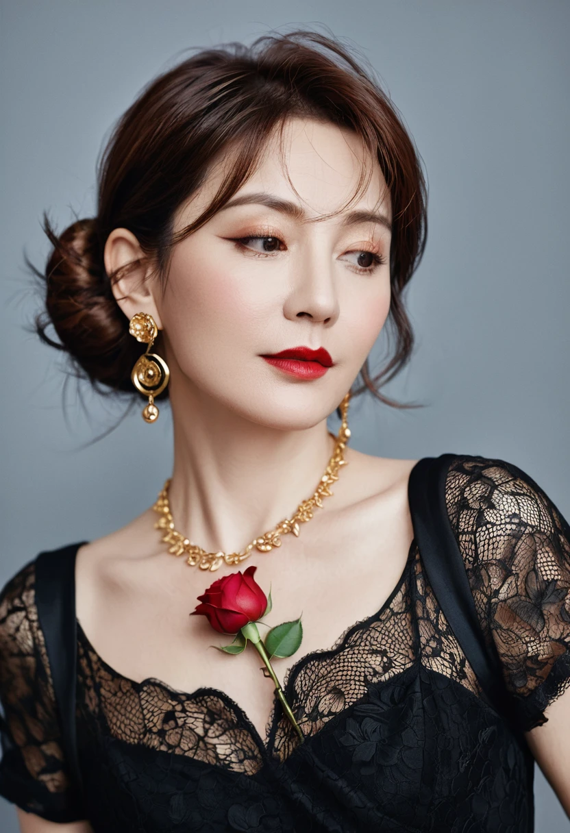 8K, RAW photos, Fujifilm, Stylized photo of a beautiful 45-year-old woman, Square face, There is a red rose on the neck, Wearing a black lace dress with red, Gold earrings, As powerful as a spinning pigeon, (Highly refined skin: 1.2), Medium brown hair with light, Film Grain, 35 mm, Cute style