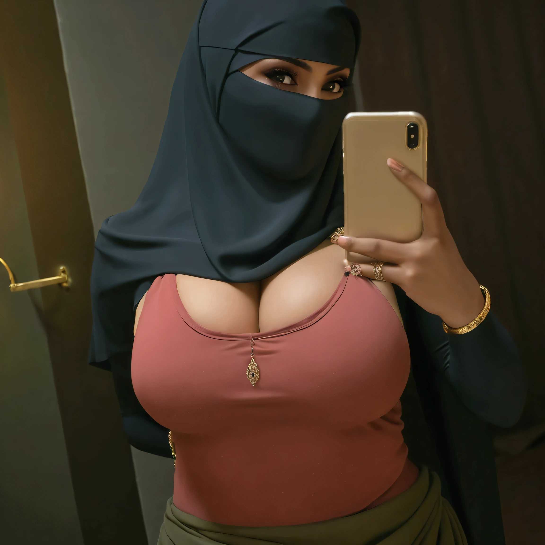 4k, high quality, nice lighting, soft lighting, realistic,  dark eyes, sexy, big breasts, thighs, wide hips, arabic dress, leg slit, muscular, toned, long flowing arabic dress, ornate, jewelry, sexy lady, thicc, thick lady, thick hips, asian, hijab, niqab, sexy pose, showing thighs