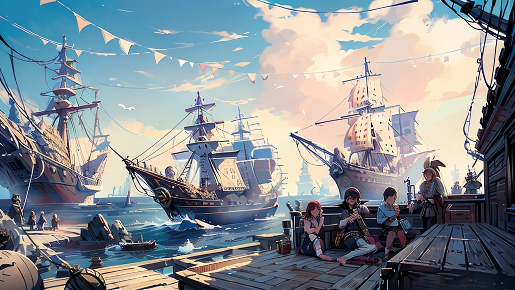 Pirates having a party on the deck of a pirate ship。Sunny daytime。Binge。Drinking together with a large group of people。There are also accordion and other instrumentalists.