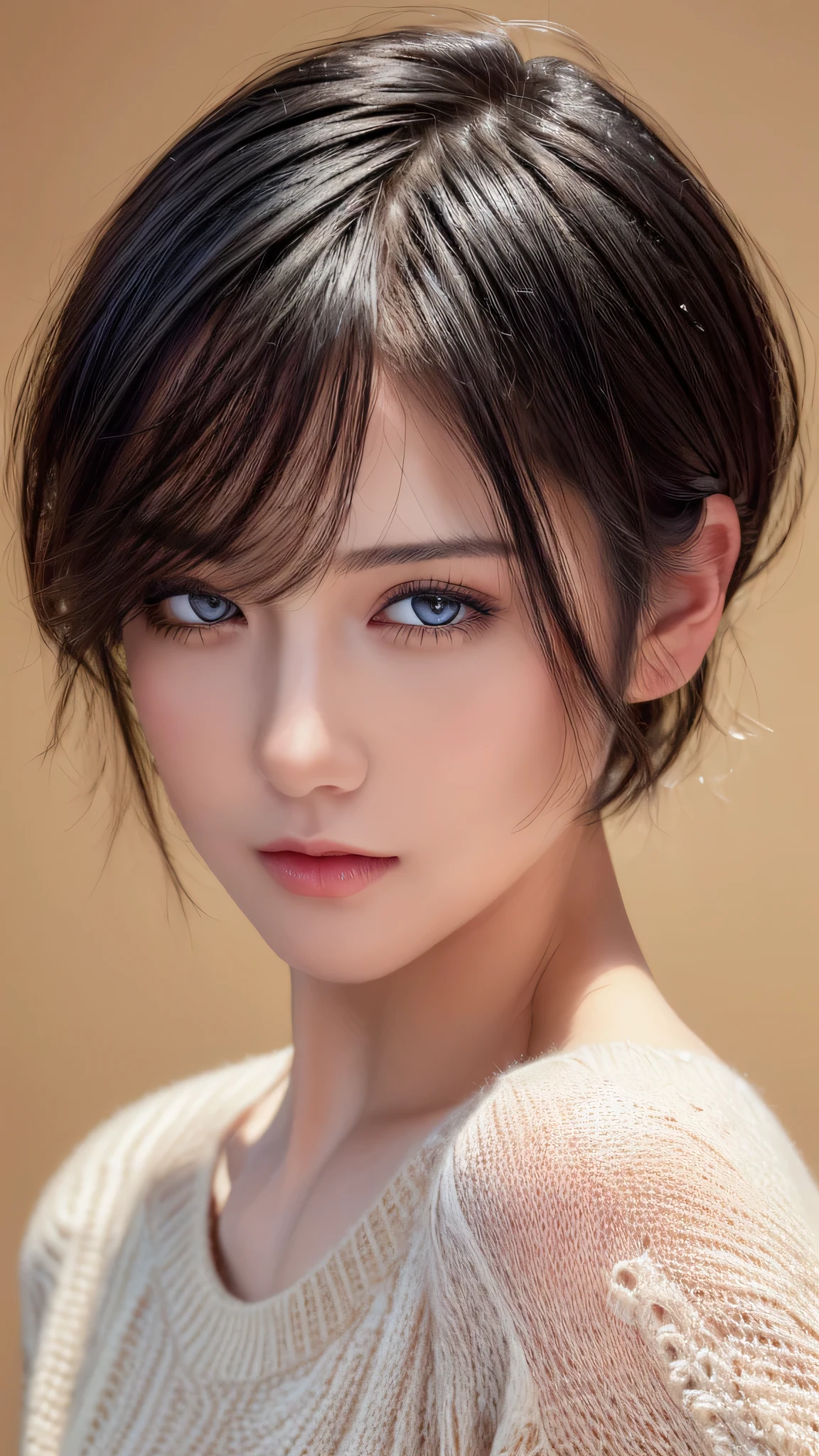 (masterpiece:1.3), (8k, photorealistic, RAW photo, best quality: 1.4), (1girl), beautiful face, (realistic face), (black hair, short hair:1.3), beautiful hairstyle, realistic eyes, beautiful detailed eyes, (realistic skin), beautiful skin, (sweater), absurdres, attractive, ultra high res, ultra realistic, highly detailed, golden ratio