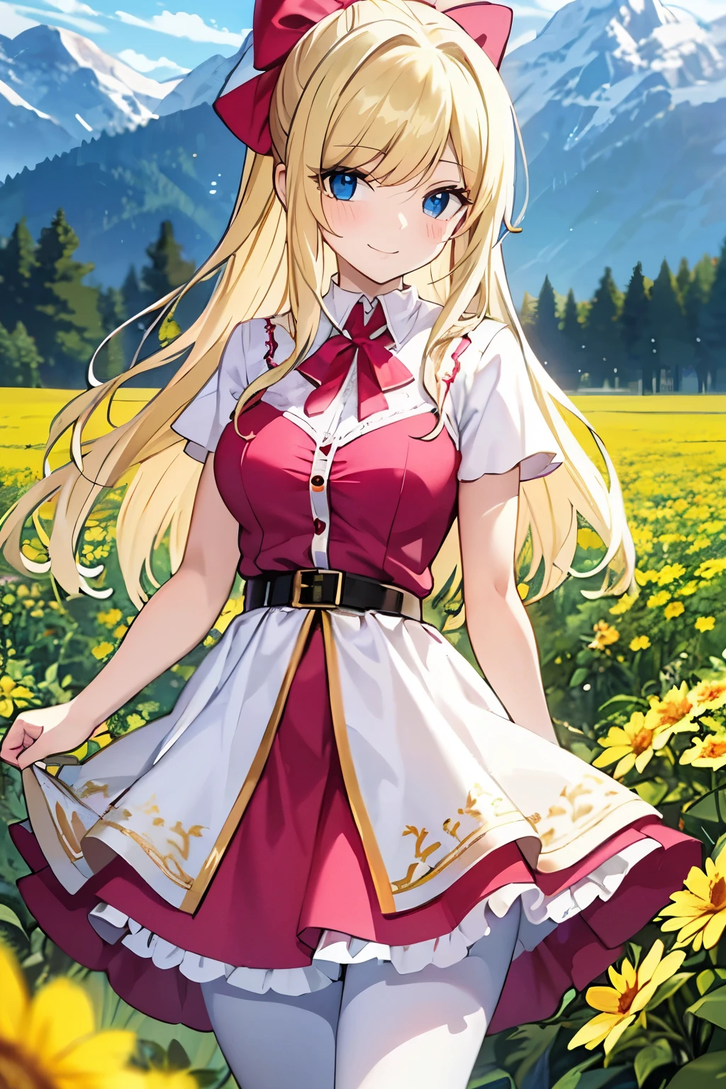 Safe for work, masterpiece, best quality, solo, 1 girl, (young female body:1.4), ( medium breasts), slender legs, golden yellow hair, extra long hair, wavy hair, blunt bangs, crystal blue eyes, very detailed eyes, mountain background, flowerfield, standing, smiling, cute girl, cowboy shot, detailed eyes, expressive face, pink red dress, short dress, dark pink dress, white details, white pantyhose, white belt with a bow, white belt, ponytail, hair ribbon