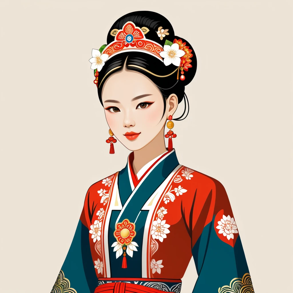 female	android	in taiwan folk outfit	,vector graphics, strong contours, logo design																						