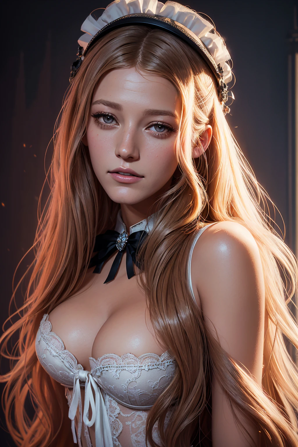 portrait Blake Lively, wearing breasts french maid costume, against the background of the Eiffel Tower, character portrait, 3 9 9 0 s, long hair, intricate, elegant, highly detailed, digital painting, artstation, concept art, smooth, sharp focus, illustration, art by wlop, charlie bowater and alexandra fomina, 36k