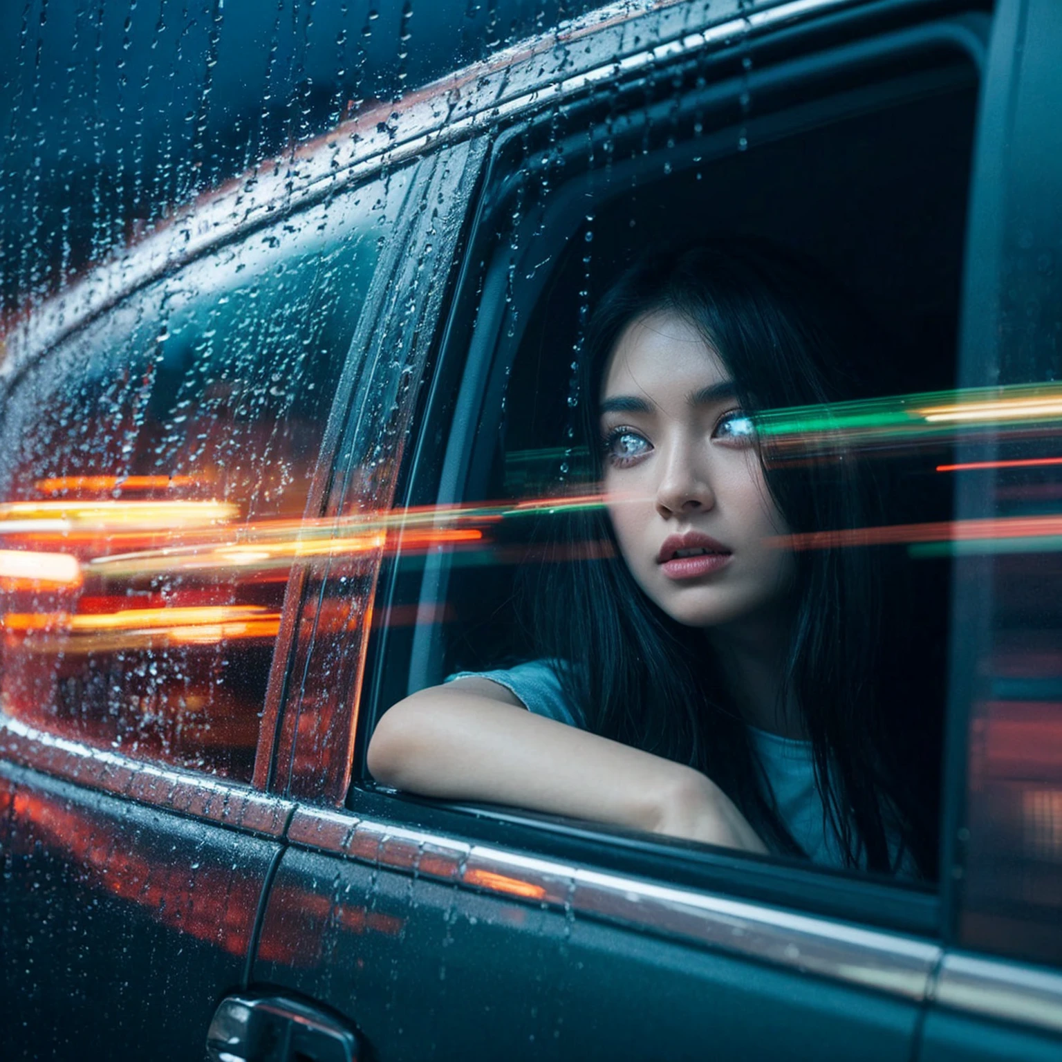 A captivating and moody scene inside a speeding vehicle, where a young woman with long dark hair is the focal point. She gazes pensively through the rain-speckled window, her reflective gaze mirroring the city lights outside. The raindrops on the glass create an ethereal quality, with their reflections shimmering like diamonds. The city lights blur past in a kaleidoscope of colors, emphasizing the woman's contemplative expression as she watches the world outside race by.
