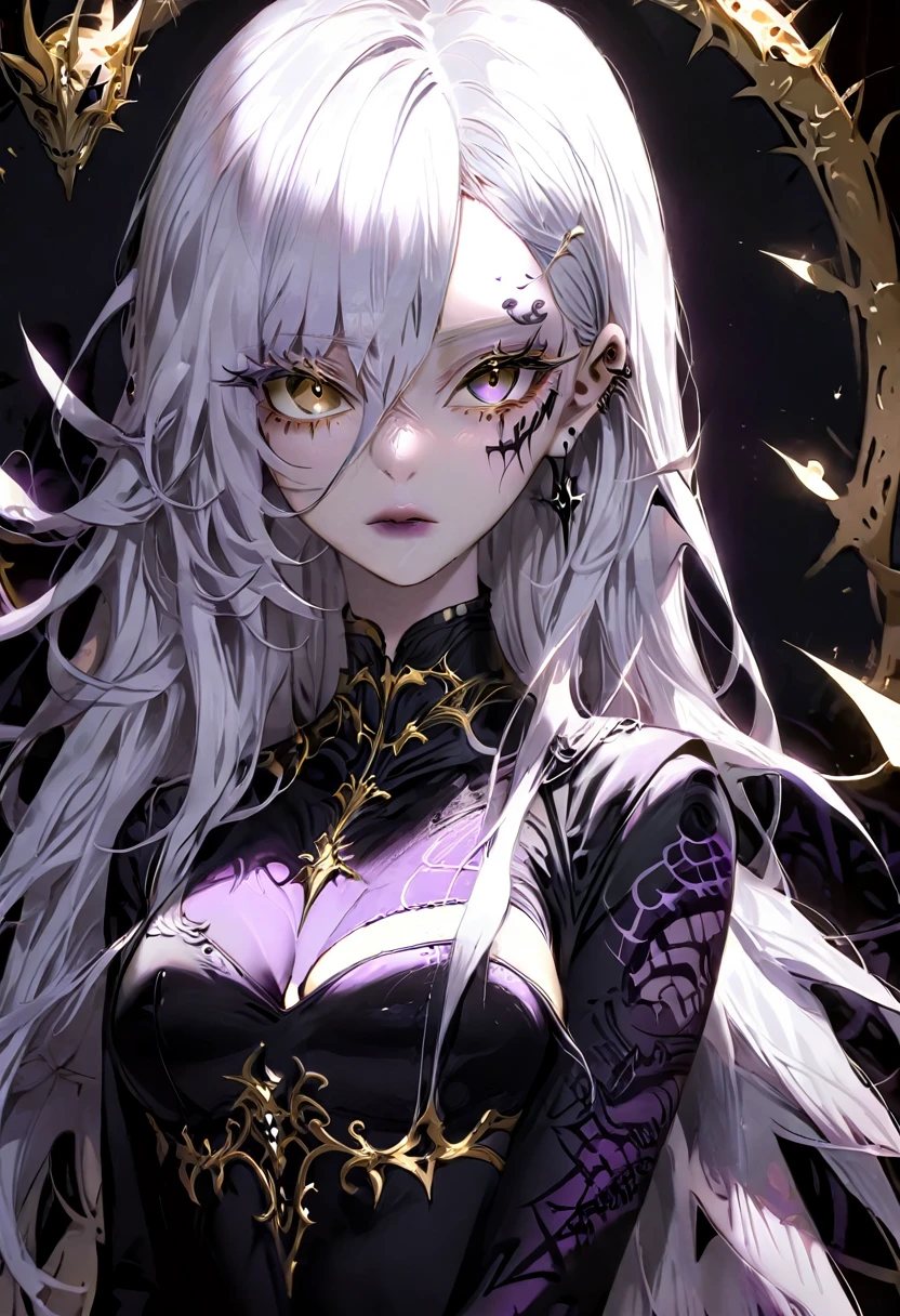 Beautiful woman, long white hair, light purple skin, completely dark room, revealing outfit, black clothes, large chest, neck tattoos, black thorns perfect anatomy, long white hair, golden eyes