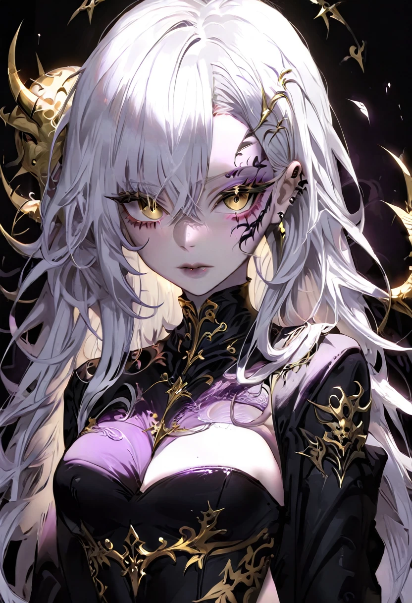 Beautiful woman, long white hair, light purple skin, completely dark room, revealing outfit, black clothes, large chest, neck tattoos, black thorns perfect anatomy, long white hair, golden eyes
