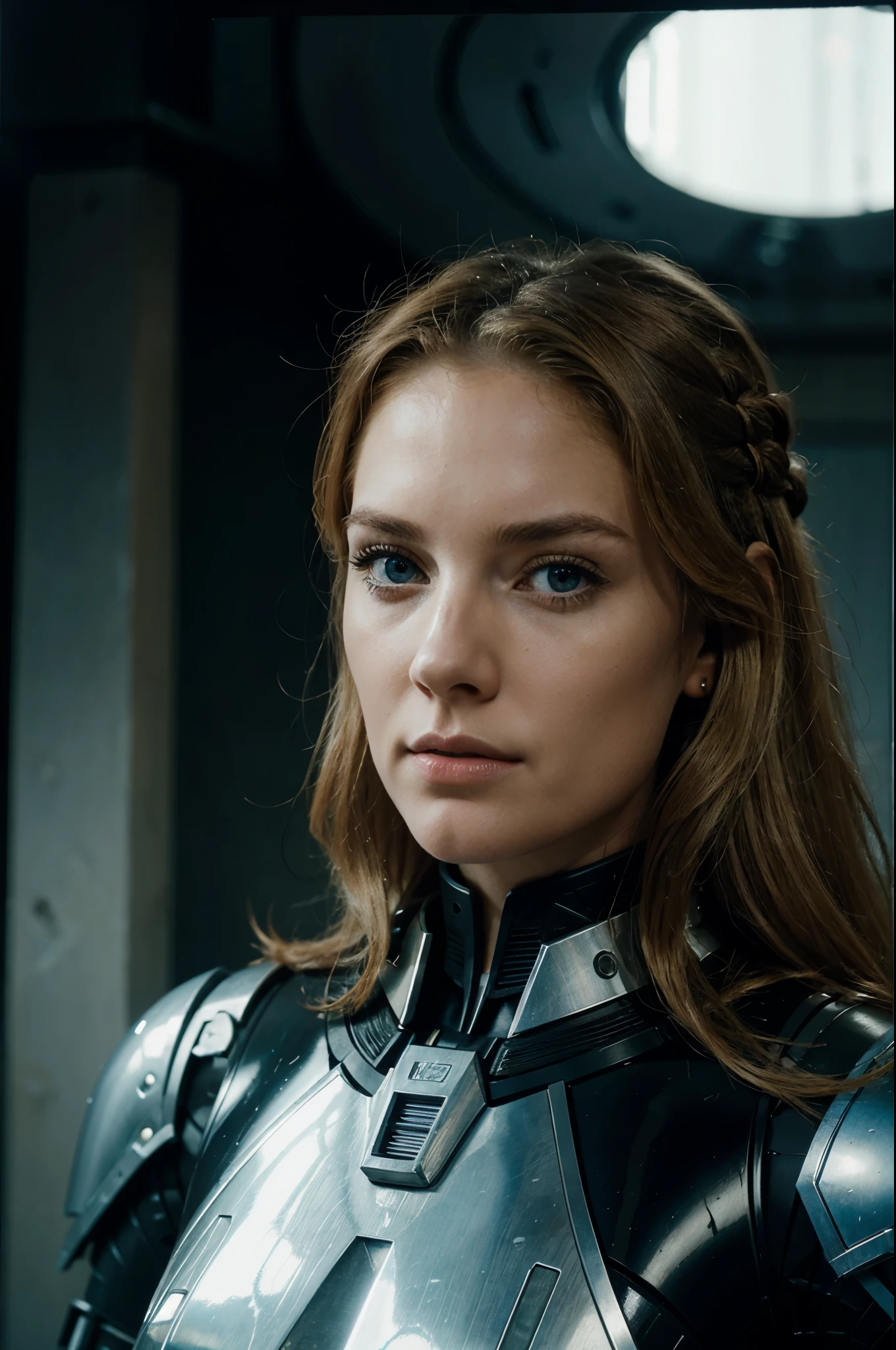 Standing and making a speech at the United Nations, a woman 30 years old white woman she has wavy hair, she has red and blond hair, blue eyes, slim face and nose, slim, wearing a futurist long royal dress, mix of armor and dress, intense gazing eyes, as a conceptual droid, neo-futuristic, abstract, ultra-resolution, intricately detailed, medium shot, low angle, 8k by Helmut Newton