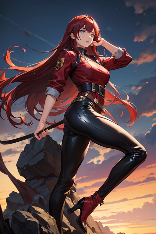 Two characters, a man and a woman, she Professor Sylara Stormblade as a tall, athletic Caucasian woman, with long, deep red hair and bright blue eyes. She is in a dynamic karate kick pose. Her outfit includes tight leather pants and leather boots, He is dressed in a chocolate leather harness., and he is holding her waist tightly. The setting is a mountainous landscape, with the full-length image capturing the energy and style of the action.