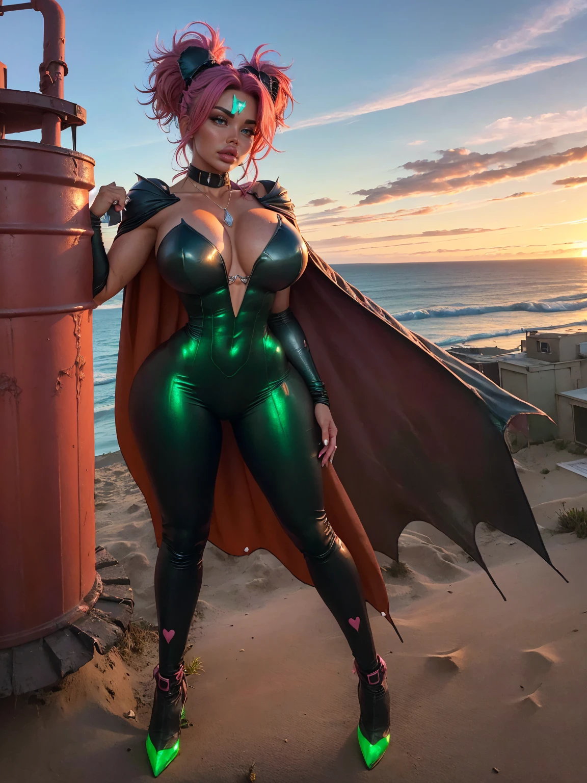 black skin, pink hair,rust highlights, thick lips, beautiful long legs, Black skin,Long and smooth, pink bodysuit,((bodysuit with green details)), gloves, Rust neckline,full body standing,strapless dress,((heart shaped neck necklace)),city at night, on top of a building, watching like a hero,{((rust details throughout the costume))},),(((rust pointed shoulder pads up))), {{fullbody}},(((long cape on the coast))), high heels, Body standing.