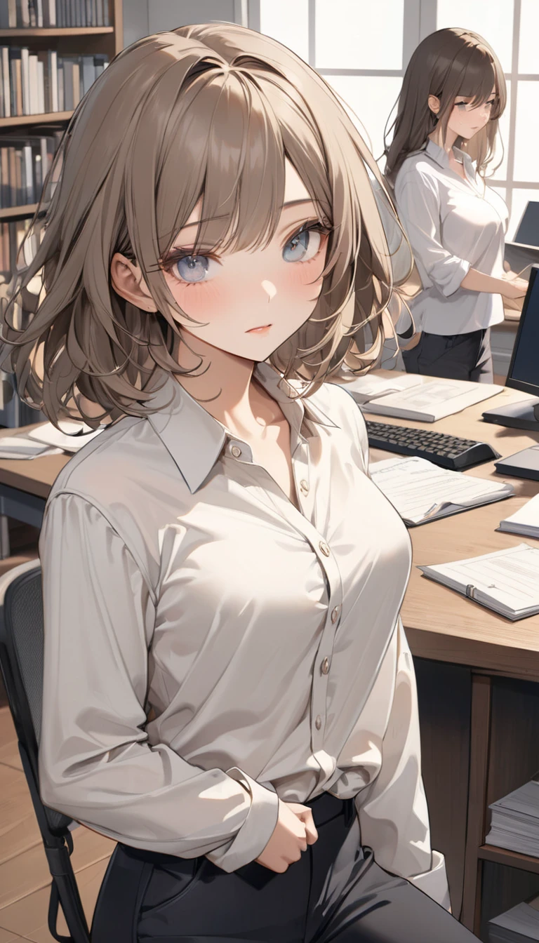 Highest quality, Great quality, 16K, Unbelievably absurd, Very detailed, 2.5D, delicate and dynamic, Very delicate facial expressions, Delicate eye depiction, Upper body close-up, erotic, Only sexy women, Healthy body shape, 22-year-old woman, Height: 170cm, Large, firm, swaying bust、Contemporary study, Simple desk, Bookshelf and documents, Computer and Light, Quiet workspace, Furniture in muted tones, Casual shirt and pants, slipper, Brown medium hair