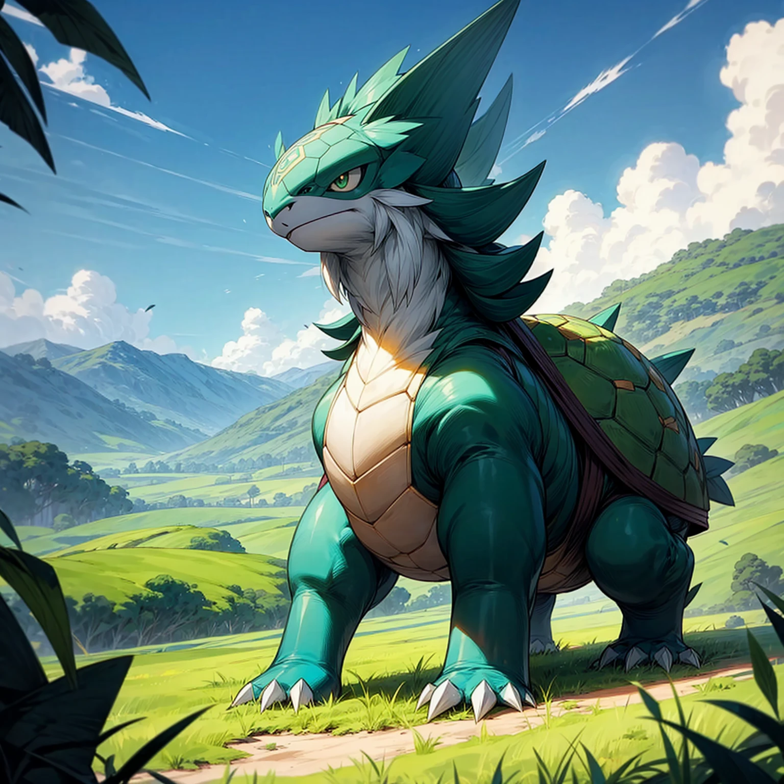 Solo animal, hybrid animal, Full body version, generate mixed by yeti with turtle, green eyes, Grassroots, background in field, bigger animal version, (pokemon style art), largest body like bigGiant