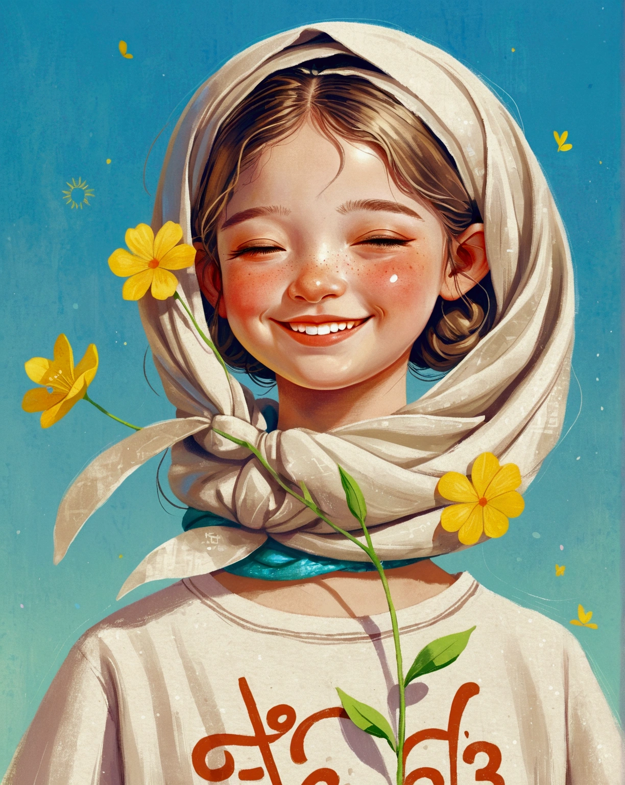 Pastel Art:Illustration of wearing beige headscarf, Shrink your neck,Squinting,Funny smile,teeth,White lettering short-sleeved T-shirt。The Art of Mathematics ,Hot trends, The Art of Mathematics, 采用数码Illustration style, The Art of Mathematics. The Art of Mathematics illustration, Flower-faced girl, Cute illustrations, The breath of spring, Illustration Art, Illustration style, Drawn in a whimsical style