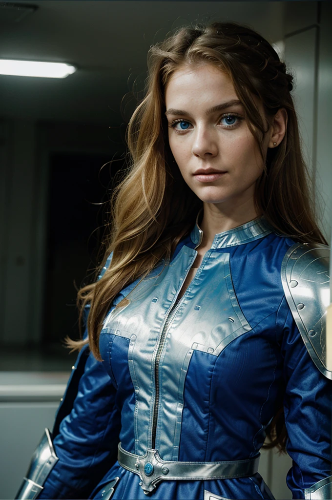 Standing and making a speech at the United Nations, a woman 30 years old white woman she has wavy hair, she has red and blond hair, blue eyes, slim face and nose, slim, wearing a futurist long royal dress, mix of armor and dress, intense gazing eyes, ultra-resolution, intricately detailed, medium shot, low angle, 8k by Helmut Newton