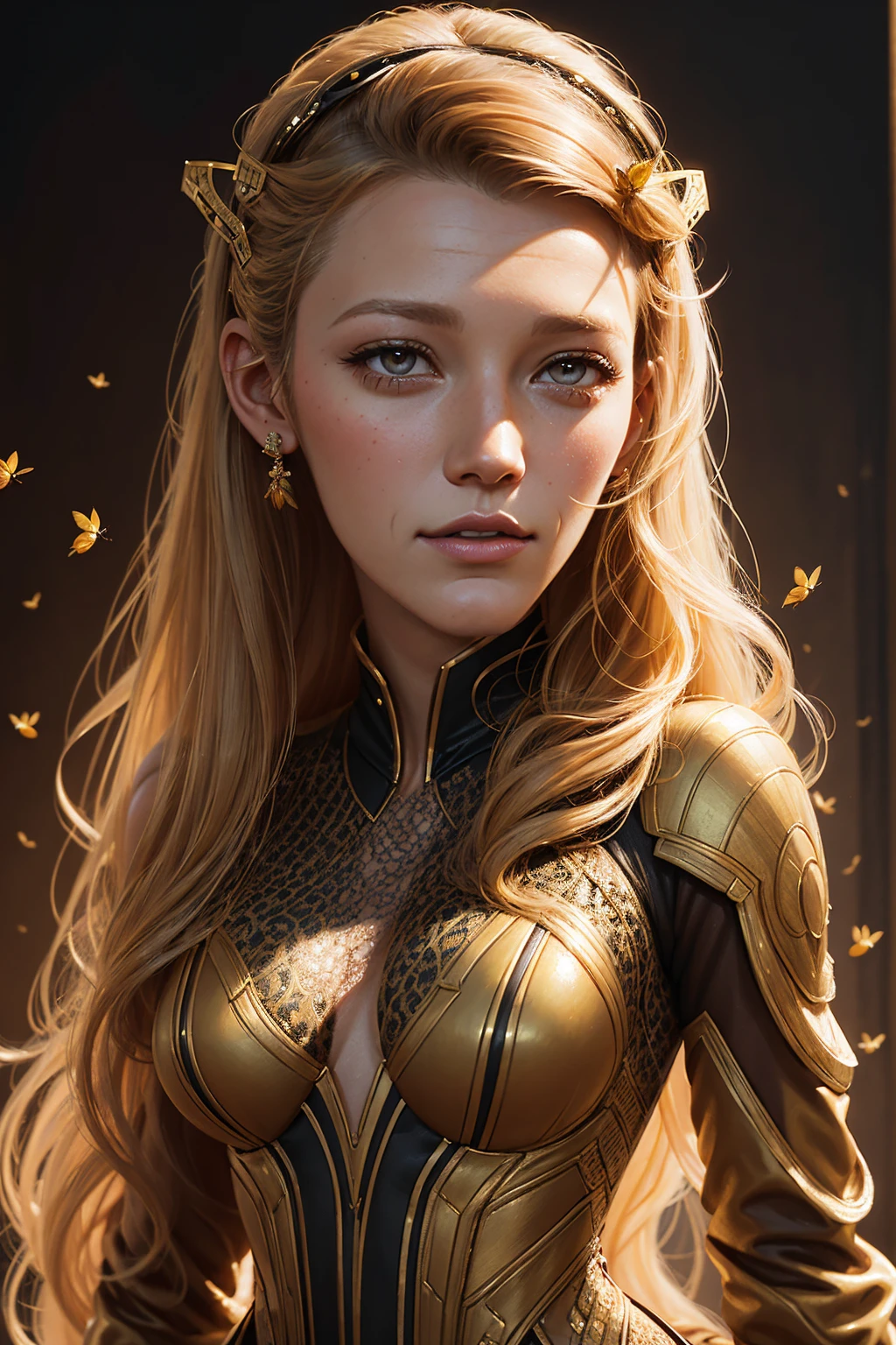 portrait Blake Lively, wearing breasts bee costume, against the background of a beehive, character portrait, 3 9 9 0 s, long hair, intricate, elegant, highly detailed, digital painting, artstation, concept art, smooth, sharp focus, illustration, art by wlop, charlie bowater and alexandra fomina, 36k
