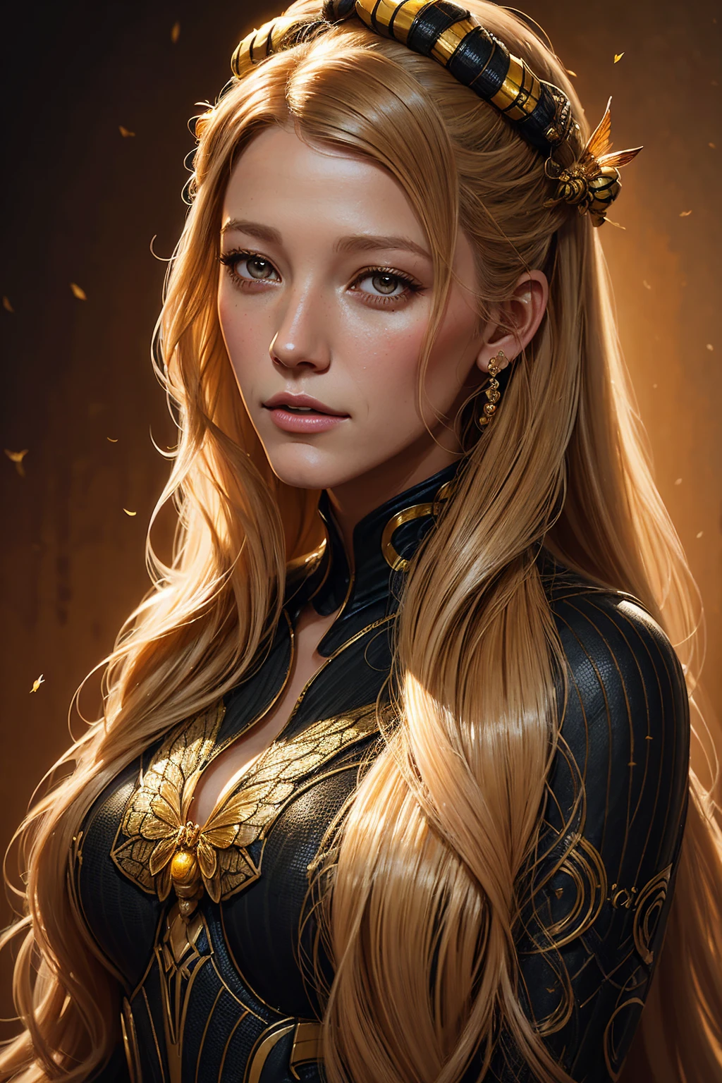 portrait Blake Lively, wearing breasts bee costume, against the background of a beehive, character portrait, 3 9 9 0 s, long hair, intricate, elegant, highly detailed, digital painting, artstation, concept art, smooth, sharp focus, illustration, art by wlop, charlie bowater and alexandra fomina, 36k, glittering, shining