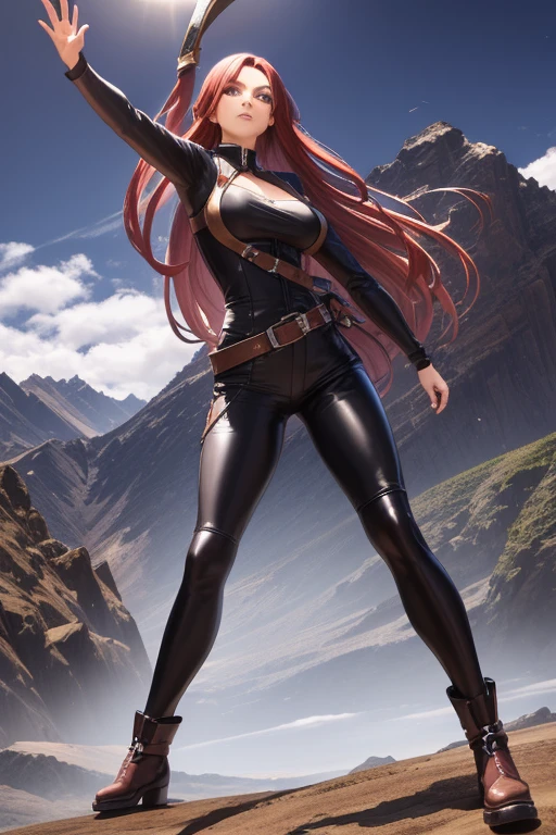 Two characters, a man and a woman, she Professor Sylara Stormblade as a tall, athletic Caucasian woman, with long, deep red hair and bright blue eyes. She is in a dynamic karate kick pose. Her outfit includes tight leather pants and leather boots, He is dressed in a chocolate leather harness., and he is holding her waist tightly. The setting is a mountainous landscape, with the full-length image capturing the energy and style of the action.