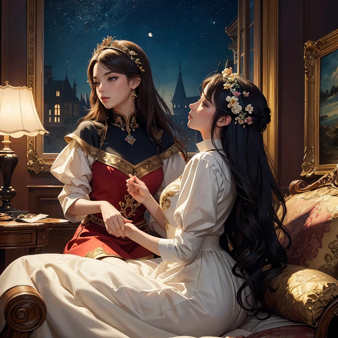 (masterpiece, highest quality, official art, beauty and aesthetic:1.5), perfect anatomy, perfect hand, two women is deeply in love with each other, kiss, romantic atmosphere, flower and moon, magnificent panorama view