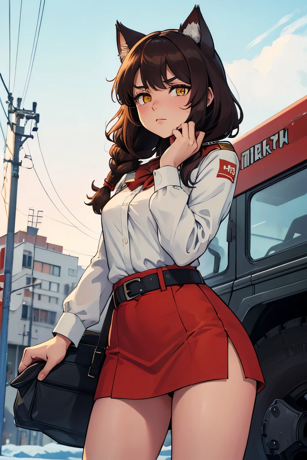 soft, cute adult neko with cat ears, medium length luscious brown hair with 1 short braid near the face, yellow eyes, cat tail .....    , 
ussr коммунист марксизм-ленинизм сталинизм коммунизм советский коммунист сталинист ходжаист агитатор, propagandist, bольшевик, Leninist ..... On the soviet communist soviet socialist USSR Stalinist .... Soviet flag banner with hummer and sickle , Cheka, NKVD, KGB, ussr, RSFSR, VKP(b) RCP(b) CPSU 