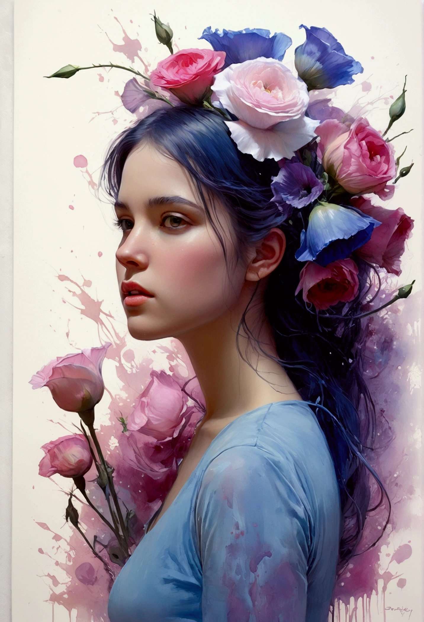 1girl,flor, Lisianthus ,En el estilo de rosa claro y azul claro, dreamy and romantic compositions, pale pink, ethereal foliage, playful arrangements,fantasy, alto contraste, ink strokes, Explosiones, over exposure, purple and red tone impression , abstracto, ((acuarela de John Berkey y Jeremy Mann )) Pinceladas, espacio negativo, NSFW
