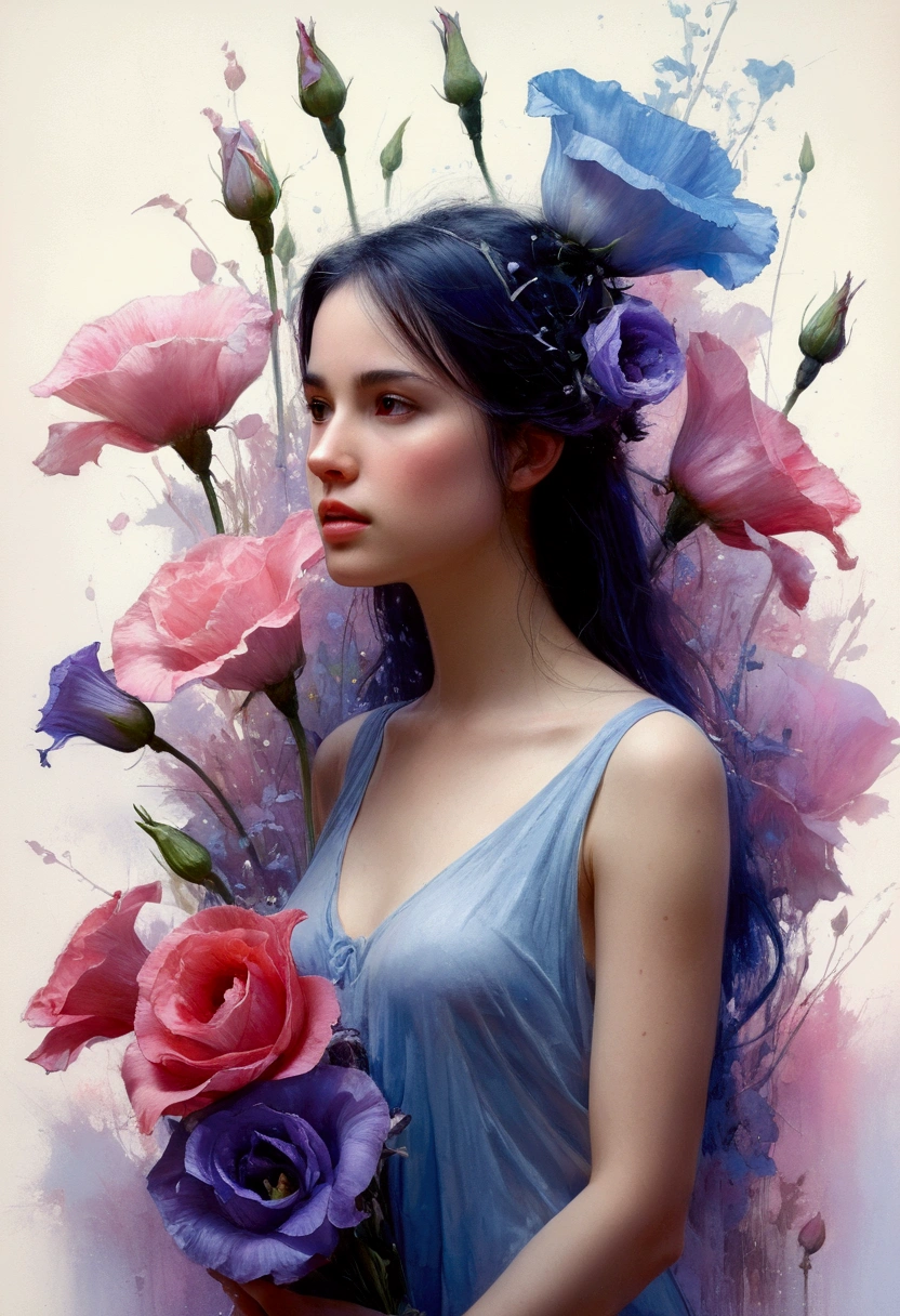 1girl,flor, Lisianthus ,En el estilo de rosa claro y azul claro, dreamy and romantic compositions, pale pink, ethereal foliage, playful arrangements,fantasy, alto contraste, ink strokes, Explosiones, over exposure, purple and red tone impression , abstracto, ((acuarela de John Berkey y Jeremy Mann )) Pinceladas, espacio negativo, NSFW