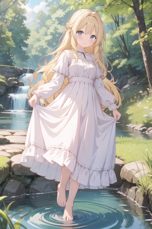 A stream flowing through the grassland、A girl with long wavy blonde hair、About 13 years old、Cute clothes with lots of frills、Long skirts that go down to your feet、The girl lifts her skirt and steps into the stream、barefoot、The stream was deep enough to cover the girl's ankles.、A small hill in the background、Above it you can see the church