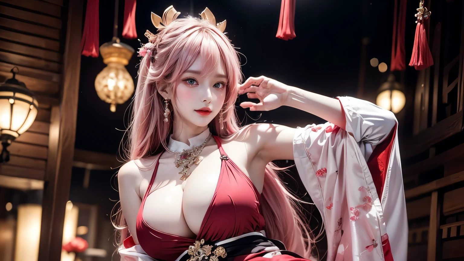 shenzi,1 girl,long hair,pink hair,purple eyes,very long hair,hair_decoration,Pink kimono, ((whole body)), ((from below)), Yushuxin,1 girl,alone, ((stand up, Leaning on the ledge)), ((Lean over)), ((The characteristics are very clear, Clear face, Clear face)), ((bare shoulders)),red lips, cosmetics, close up, elegant pose, Seductive pose, Perfect Curve, Slim, sexly, big breasts, , fair legs, charming gaze, bite lip, messy long hair, simple casual scene, Very detailed, Ultra-clear, best quality, official art, exquisite earrings, exquisite necklace, Very detailed description, Super fair painting, Advanced features, elegant, fair, Super fine details, masterpiece, real texture, Realistic movie lighting, masterpiece, best quality, upper body