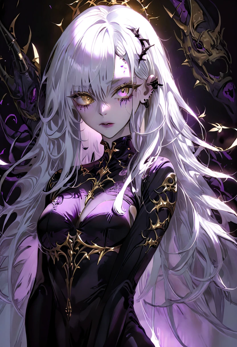 Beautiful woman, long white hair, light purple skin, completely dark room, revealing outfit, black clothes, large chest, neck tattoos, black thorns perfect anatomy, long white hair, golden eyes, Laying down on back , purple lighting, dark room