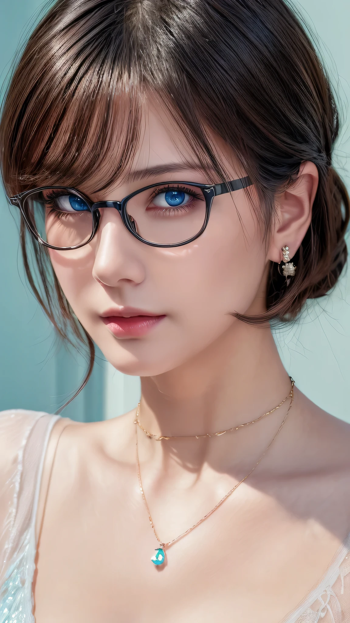 (masterpiece:1.3), (8k, photorealistic, RAW photo, best quality: 1.4), (1girl), beautiful face, (realistic face), (black hair, short hair:1.3), beautiful hairstyle, realistic eyes, beautiful detailed eyes, (realistic skin), beautiful skin, masterpiece, detailed face, detailed eyes, beautiful, highest quality, (((ルーシー・ピンダーに似たソロmature woman))), (aqua light blue eyes), (wearing delicate big hoop round earring), (wearing Collar pet necklace), eyelash, ( wearing a thin glasses), lip whole, blushing lewd face, [Janet], [Alice], "Beautiful adult face" , 30 years old , mature woman , adult,(office suit), absurdres, attractive, ultra high res, ultra realistic, highly detailed, golden ratio