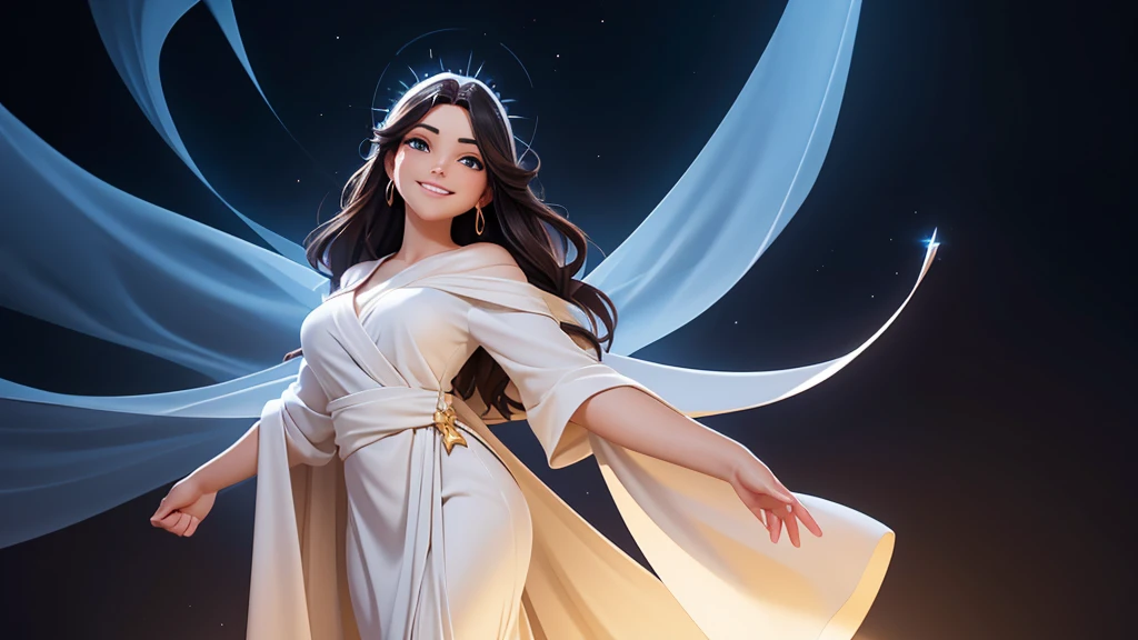 Jesus is looking on with a joyful look and smile, radiating a sense of peace and love. Their hands are clasped in front of their chest, in a gesture of unity and prayer. He is lit from behind by a divine light, which creates a soft halo around his figure and highlights the edges of his body. The back lighting gives an ethereal glow to her white robe, while the black background makes her presence even more striking and heavenly.