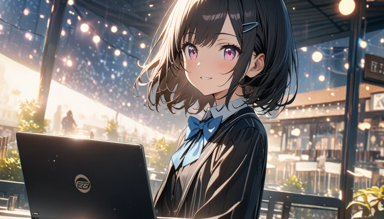 one girl, silver short hair and bob hair、I tied my hair in a bun with a hair clip..、beautiful pink eyes、smile、gentle smile on her face、flat chest, one Beautiful girl,((masterpiece, illustration, best quality) ((ultra-detailed))\, Woman using laptop on the open terrace of a fashionable café、18year old、OL、Everyday clothes、A smile、frontage、The upper part of the body、black hair、Short bob hair、The upper part of the body、wearing formal clothes and wearing a blue bowtie,濃い青とBeautiful Blueのグラデーション, High resolution, 8K HD detail, hyper-detail, cinematic, surrealism, soft light, deep field focus bokeh, ray tracing and surrealism. --v6