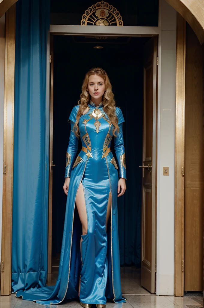 Standing and making a speech at the United Nations, a woman 30 years old white woman she has wavy hair, she has red and blond hair, blue eyes, slim face and nose, slim, wearing a long futurist royal dress, mix of armor and dress, futurist crown.